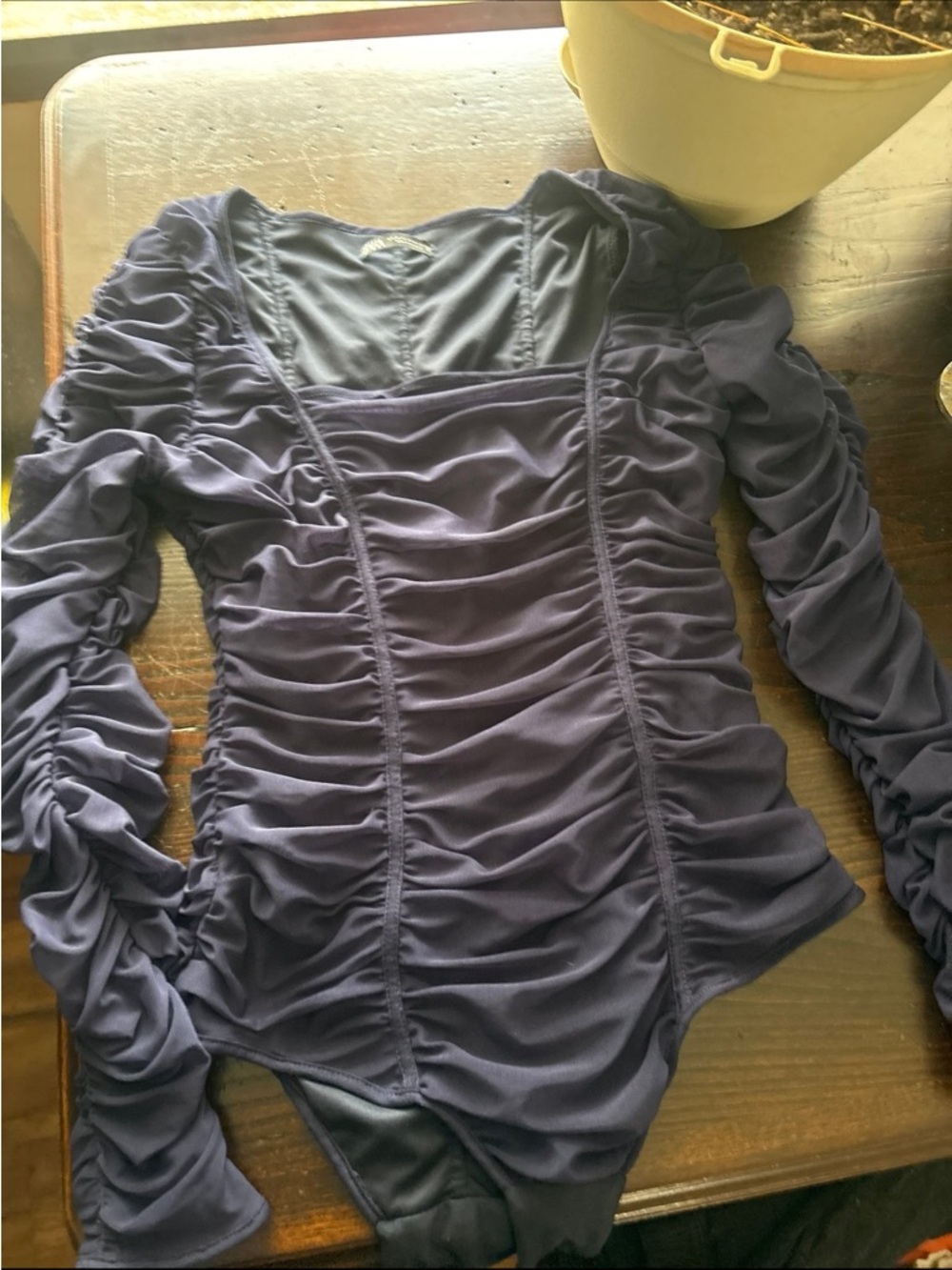 Zara Ruched Long-Sleeve Scoop-Neck Bodysuit in Deep Purple